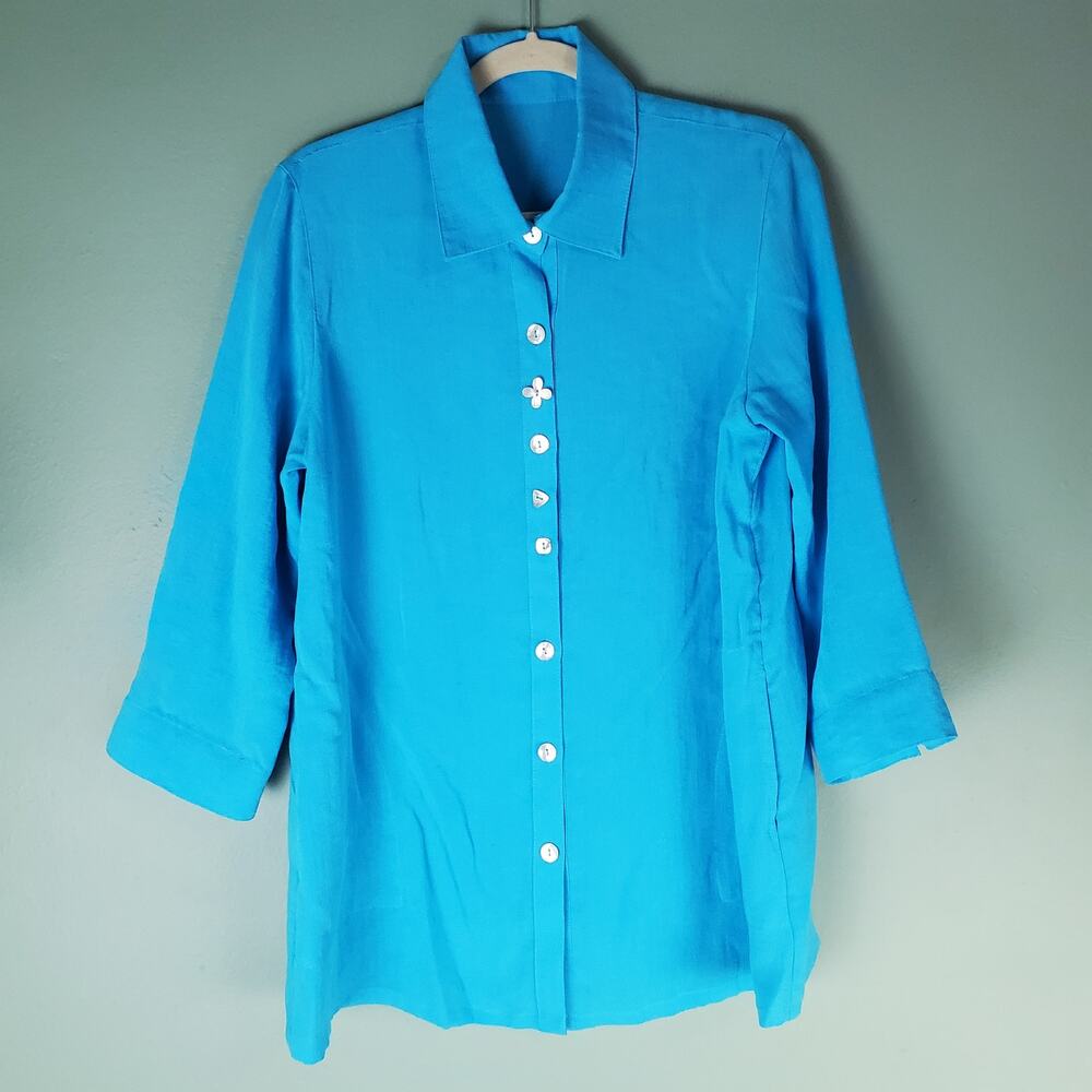 Fridaze Womens Blue Linen Button Up Tunic Top Size Small Coastal Pockets